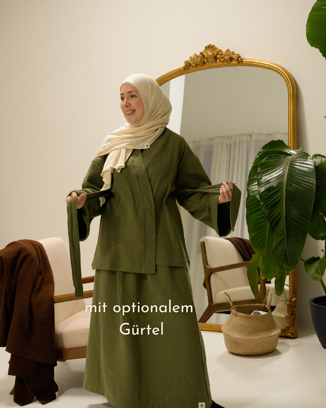 Ensemble deux pièces en mousseline « Juniper » en coton biologique (Dusty Olive)