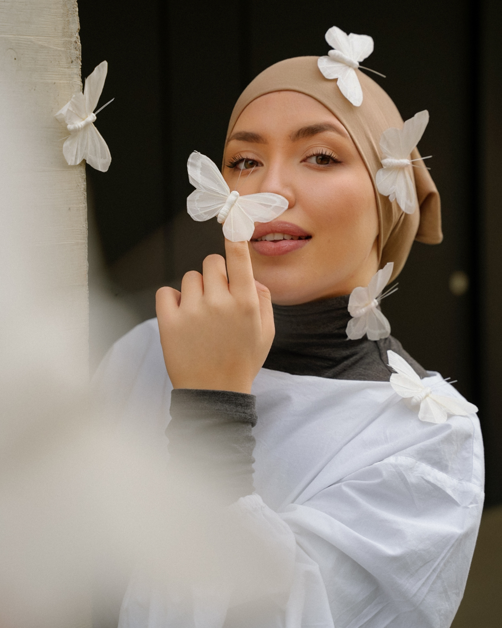 Bonnet tube en soie et coton bio "Mariposa" (beige)